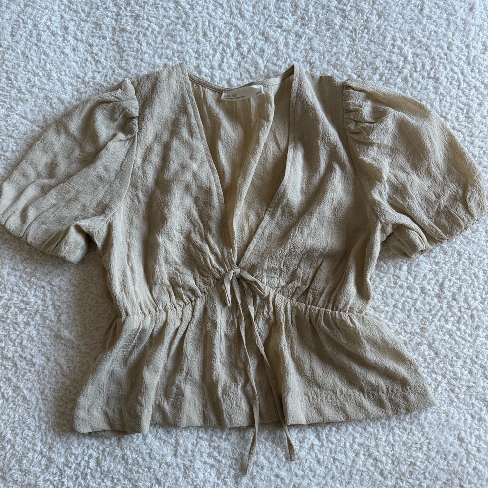Beige Puff Sleeve Peplum Women's Top
